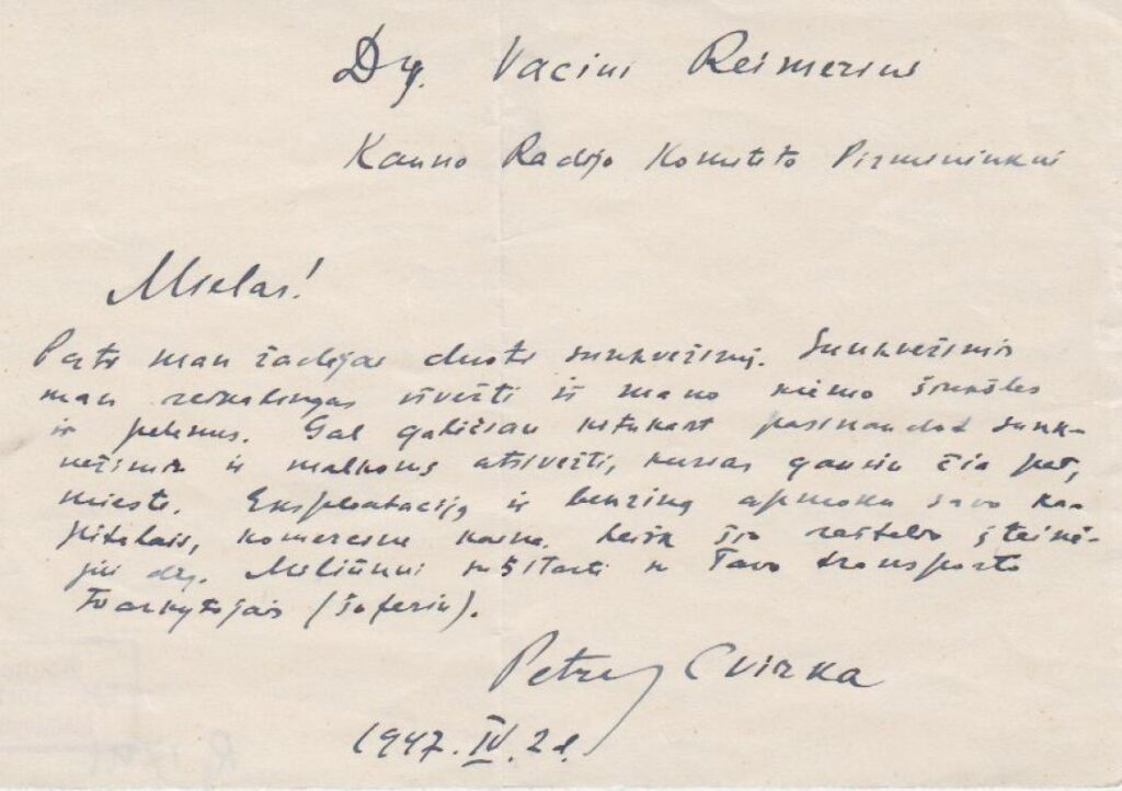 P. Cvirkos laiškas V. Reimeriui, 1947 IV 21