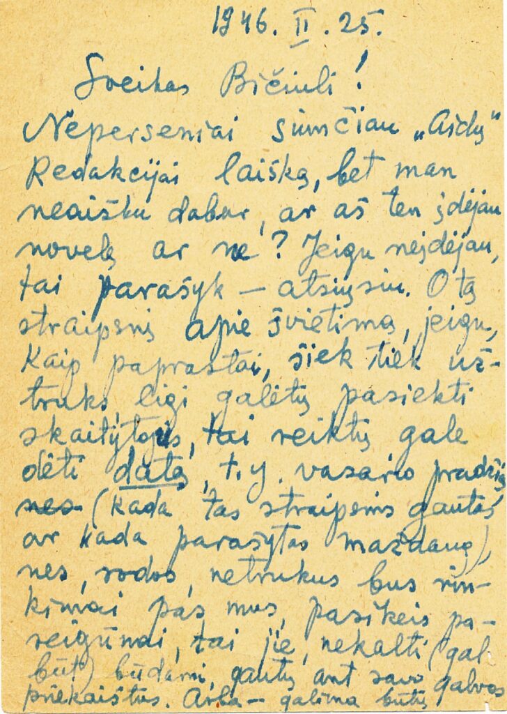 P. Orintaitės atvirlaiškis K. Bradūnui. 1946 m.