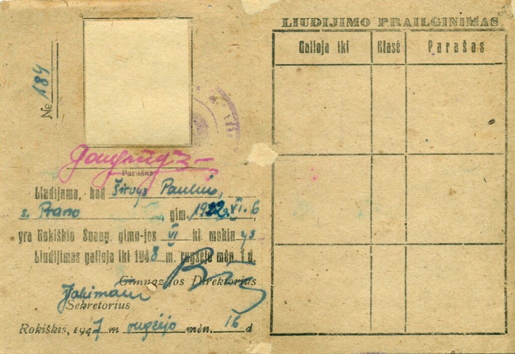 P. Širvio Rokiškio suaugusiųjų gimnazijos mokinio asmens liudijimas. Rokiškis, 1947 m.