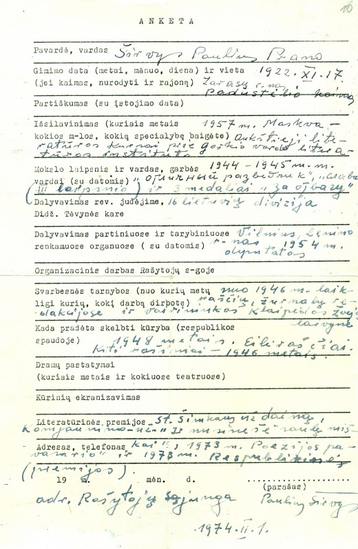 P. Širvio asmens anketa. Vilnius, 1974 m. vasario 1 d.
