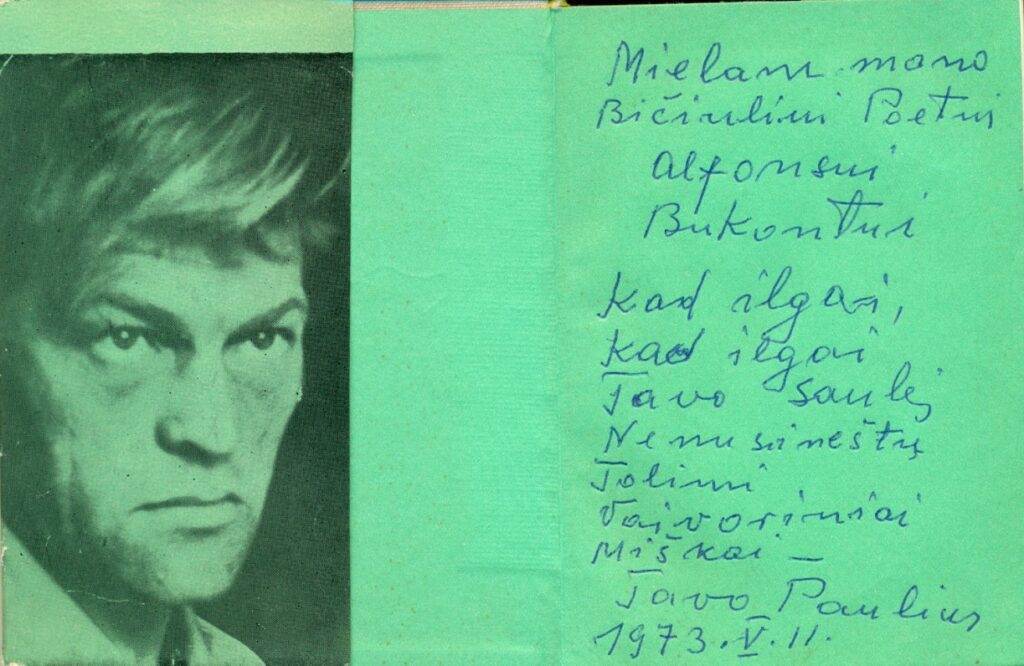 P. Širvio dedikacija poetui Alfonsui Bukontui. Vilnius, 1973 m. gegužės 11 d.