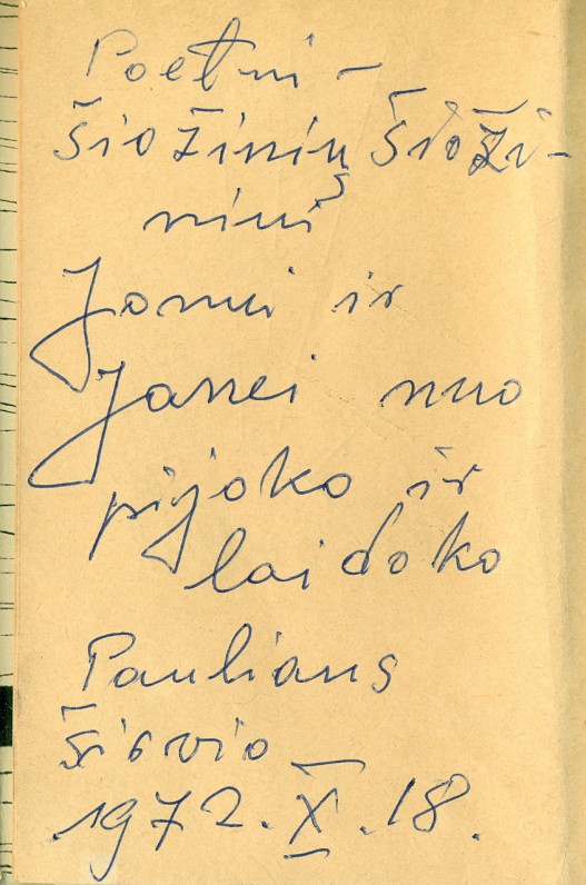 P. Širvio dedikacija poetui Jonui Šiožiniui. Vilnius, 1972 m. spalio 18 d.