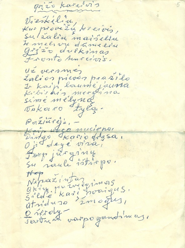 P. Širvio eilėraščio „Grįžo kareivis“ rankraštis