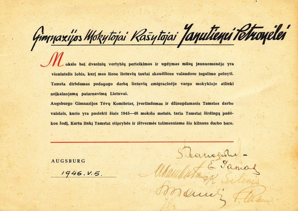 Padėka P. Orintaitei. 1946 m.