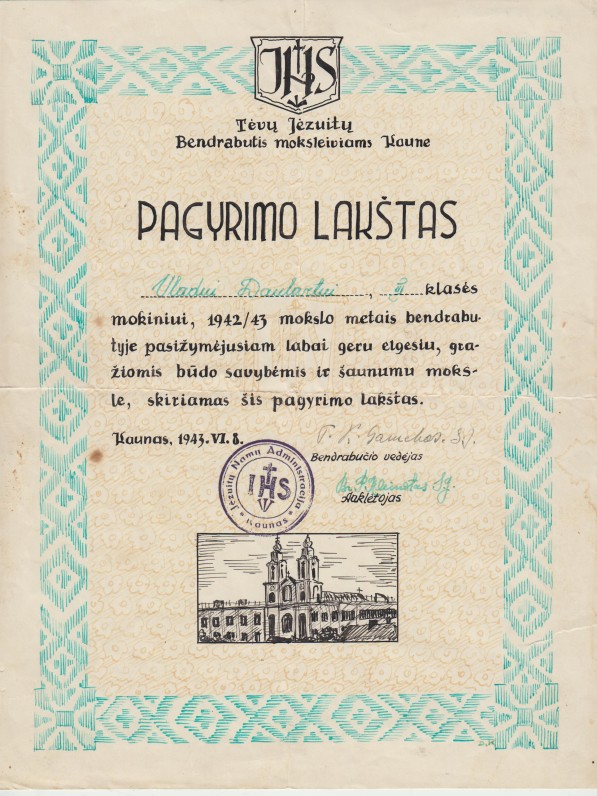 Pagyrimo raštas už gražų elgesį bendrabutyje. 1943 m.