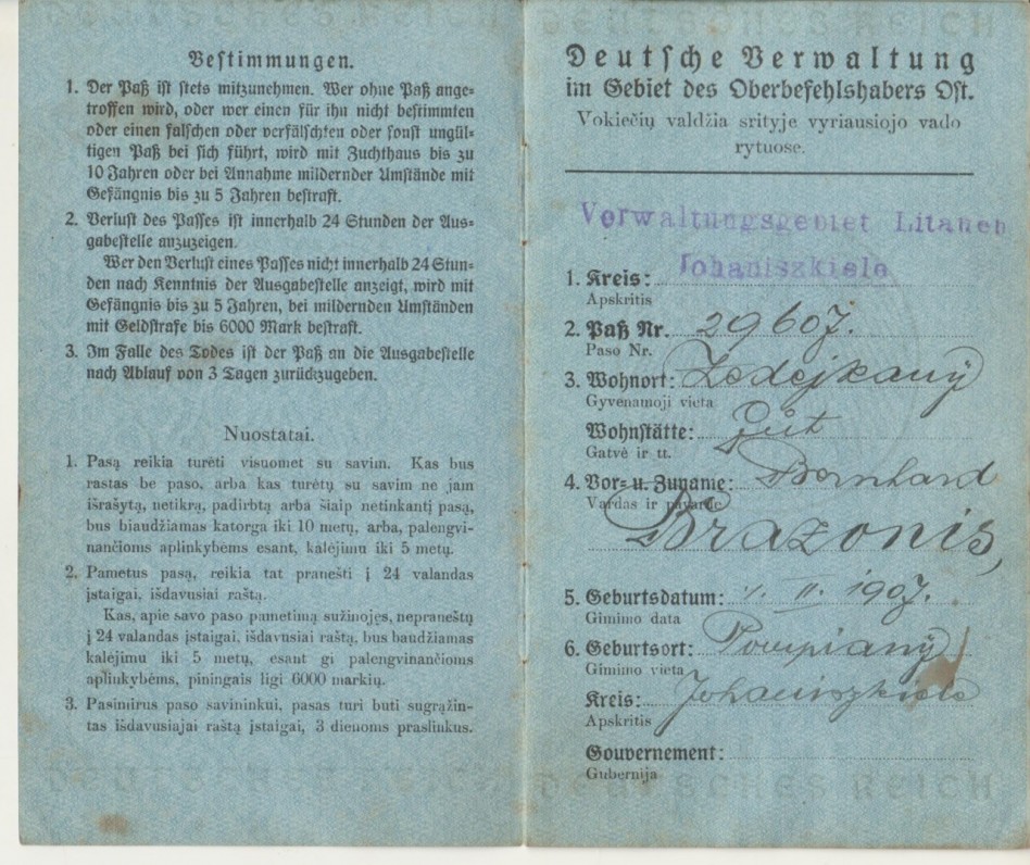 Paso, išduoto B. Brazdžioniui 1918 m. sausio 28 d., pirmasis atvartas