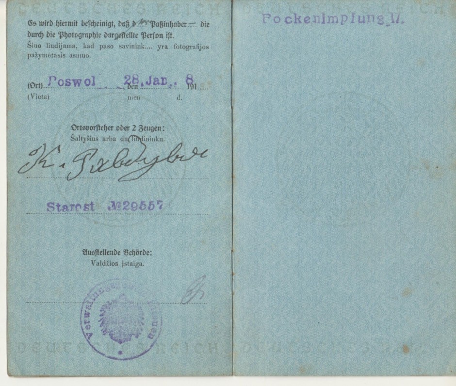 Paso, išduoto B. Brazdžioniui 1918 m. sausio 28 d., trečiasis atvartas