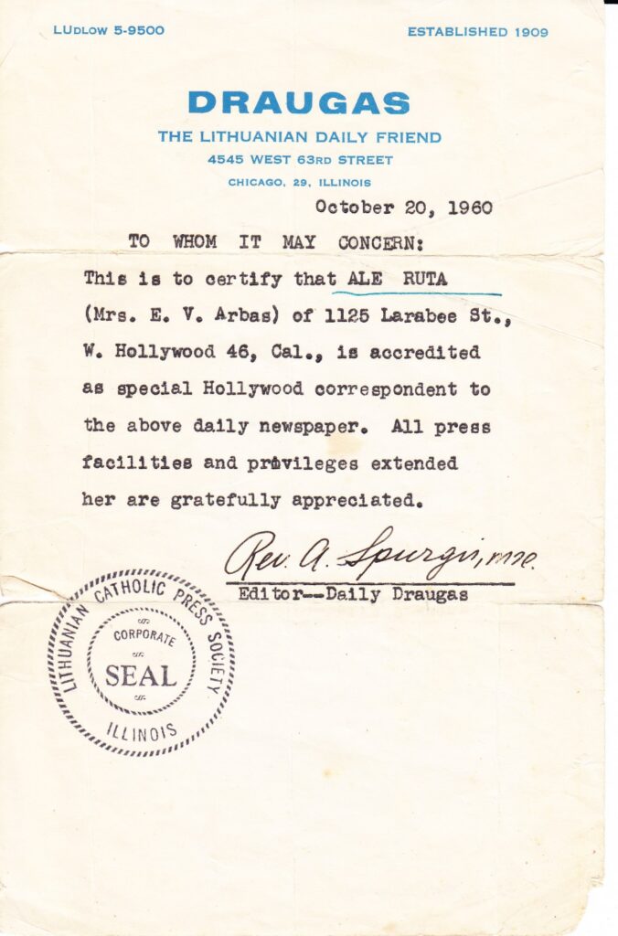 Pažyma apie Alės Rūtos paskyrimą dienraščio „Draugas“ korespondente. 1960 m.