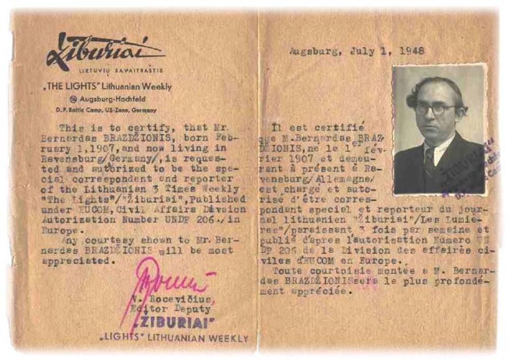 Pažyma apie B. Brazdžionio darbą lietuvių savaitraštyje „Žiburiai“, išduota 1948 m. liepos 1 d. Augsburge