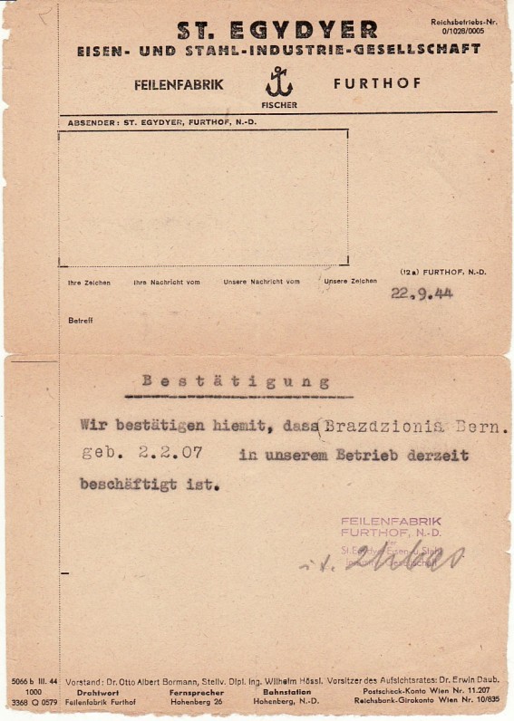 Pažyma, kad Bern. Brazdžionis dirba Furthofo plieno fabrike