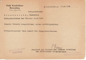 Ravensburgo miesto ligoninės pažyma, jog B. Brazdžionis neserga plaučių TBC. Išduota 21.8.1948.
