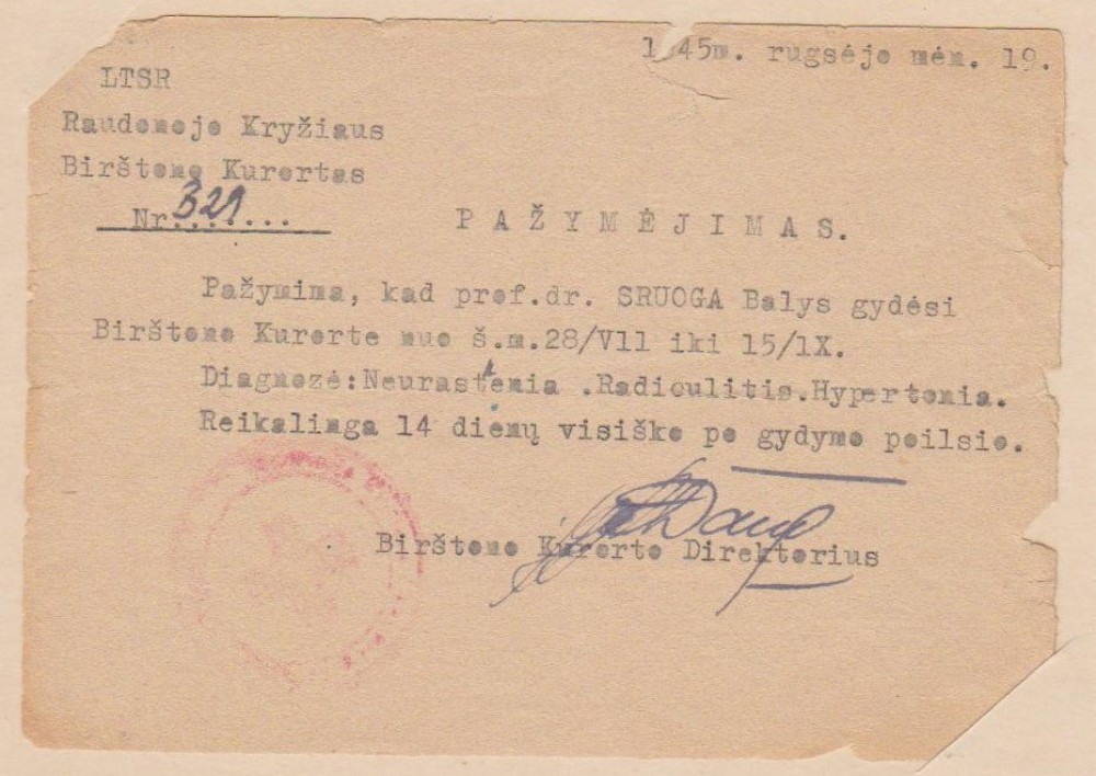 Pažymėjimas. Birštonas, 1945 09 19