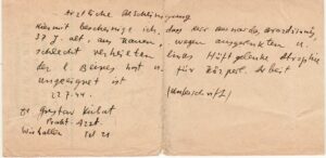 Pažymos juodraštis, B. Brazdžionio parašytas ant vaistų recepto. 1944 m.