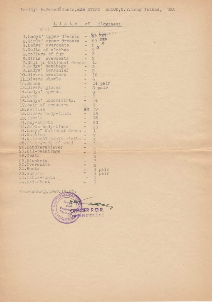 Bern. Brazdžionio šeimos pervežamų į JAV daiktų deklaracija. 1949 m.