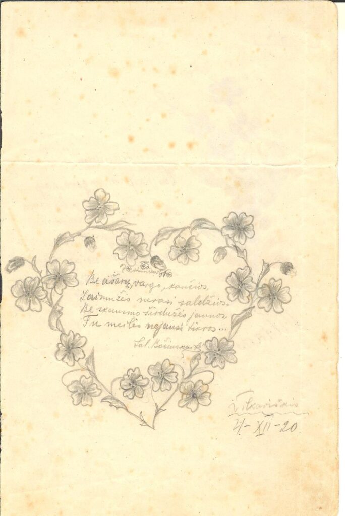 Pirmasis žinomas S. Bačinskaitės ketureilis ir jos piešinys bendramokslės B. Bulvičiūtės mokykliniame albumėlyje. 1920 m. gruodžio 4 d.