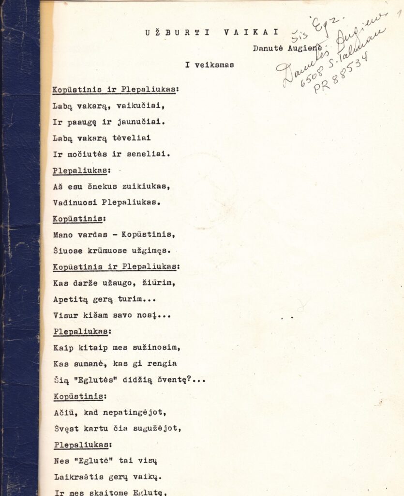 Pjesės „Užburti vaikai“ mašinraštis su prierašais ranka