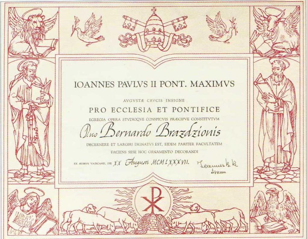 Popiežiaus Jono Pauliaus II medalio suteikimo dokumentas
