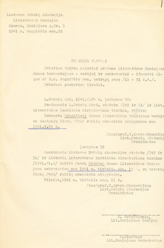Prašymas Švietimo vadybai išmokėti atlyginimus už rugpjūčio mėnesio II pusę. 1941 m.