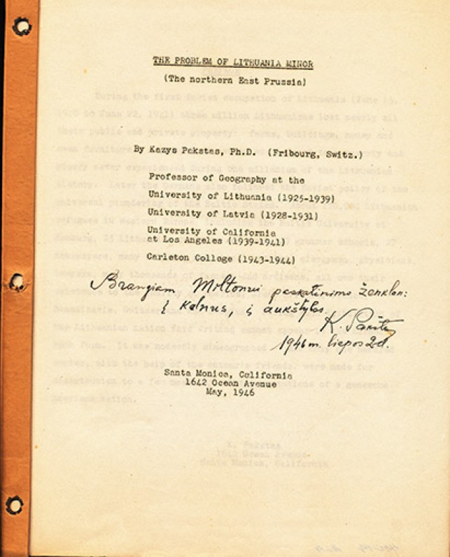 Prof. K. Pakšto autografas M. Starkui