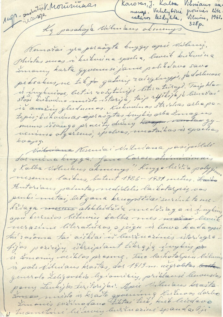 V. Mozūriūnas. „Ką pasakytų Vilniaus akmenys“. Jono Karoso knygos „Kalba Vilniaus akmenys“ recenzija. Druskininkai, 1964 m. – RMM ĮK 19624