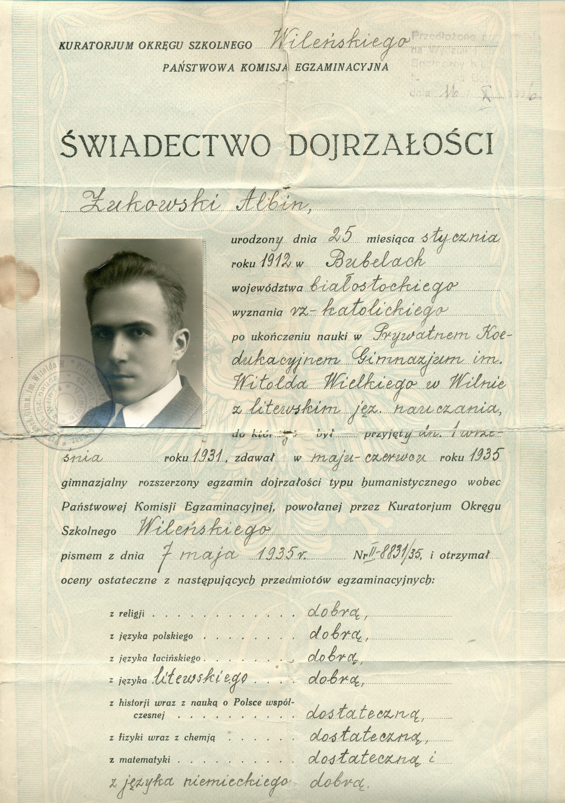 Vilniaus Vytauto Didžiojo gimnazijos atestatas, išduotas A. Žukauskui. Vilnius, 1935 m.
