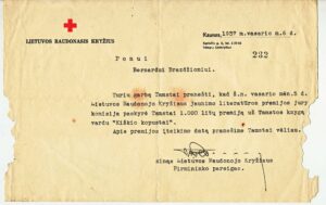Pranešimas B. Brazdžioniui dėl Lietuvos Raudonojo kryžiaus jaunimo premijos paskyrimo už knygelę vaikams „Kiškio kopūstai“. 1937 m. vasario 6 d.