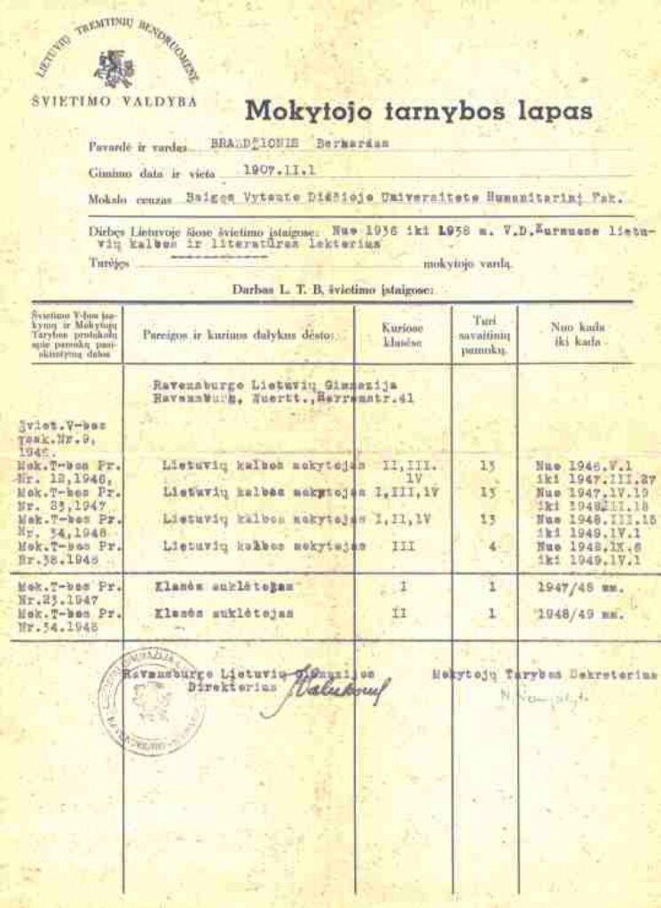 Ravensburgo lietuvių gimnazijos mokytojo Bern. Brazdžionio tarnybos lapas, išduotas 1949 m.