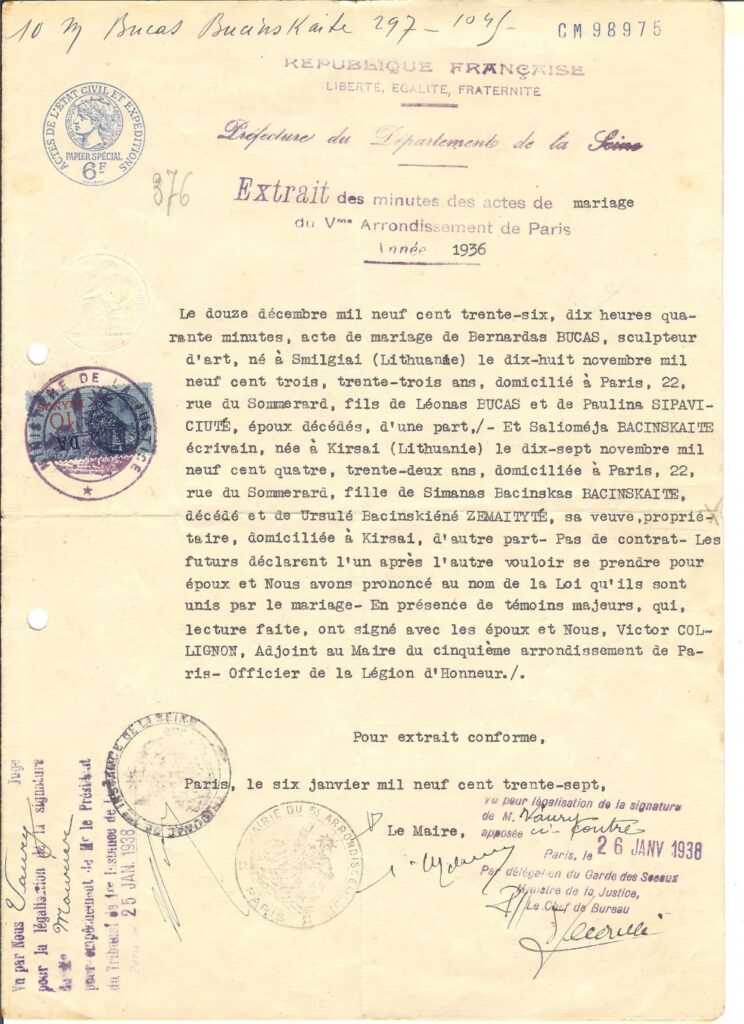 S. Bačinskaitės ir B. Bučo santuokos liudijimas. Paryžius. 1936 m. gruodžio 12 d.
