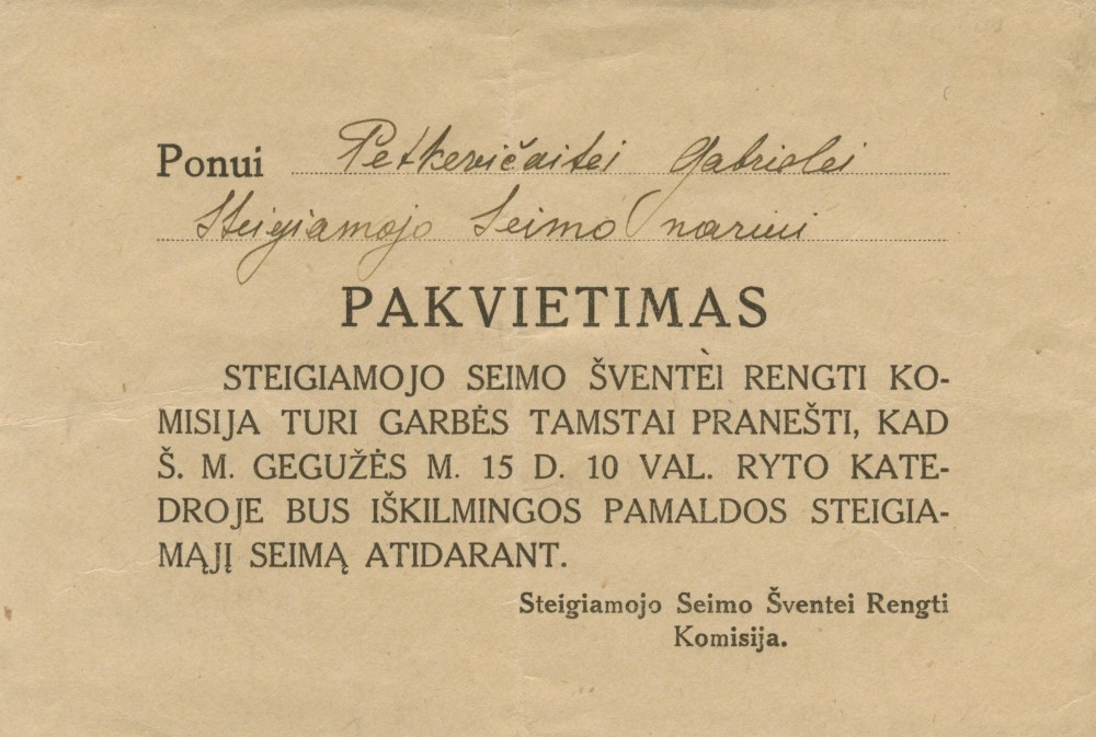 Steigiamojo Seimo šventei rengti komisijos pakvietimas G. Petkevičaitei. 1920 m. gegužės 15 d.