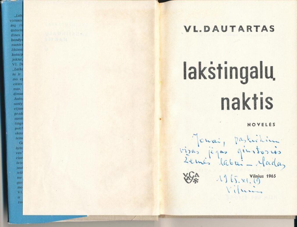 Su autoriaus autografu J. Mikelinskui