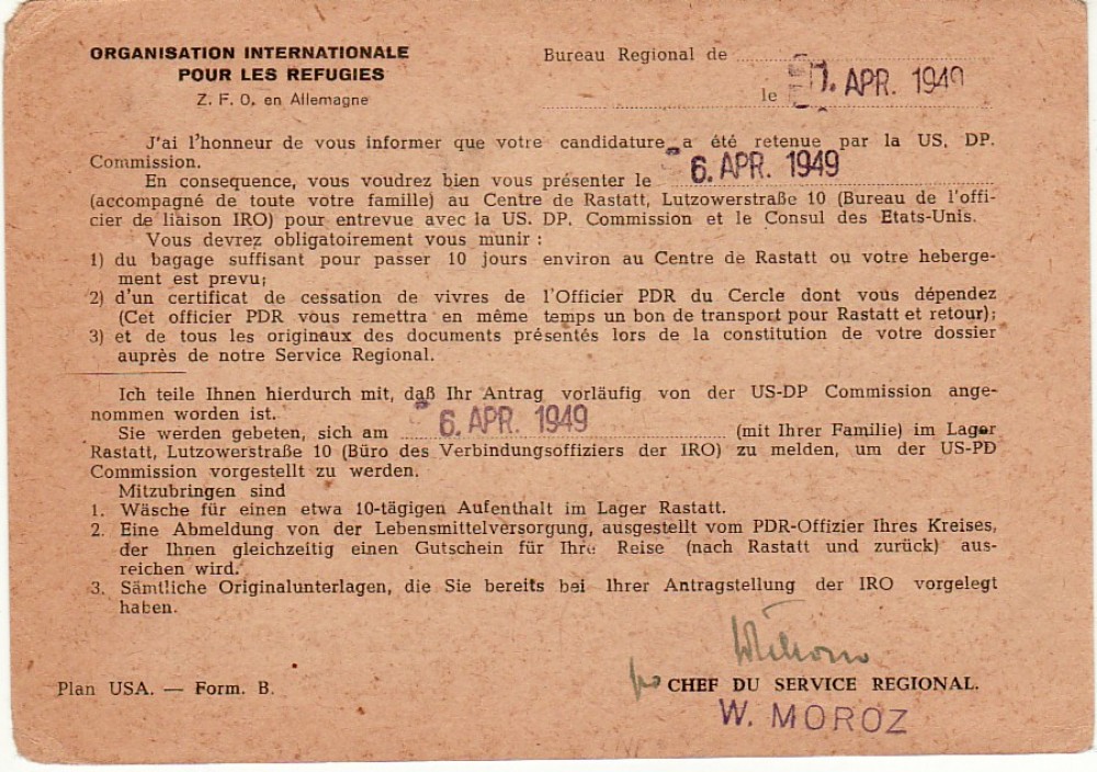 Tarptautinės karo pabėgėlių organizacijos (IRO) pranešimas atvykti 1949 m. balandžio 6 d. į emigracinę komisiją