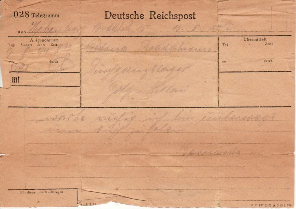 Telegrama žmonai A. Brazdžionienei iš Breslau į Gotenšafeną 1944 m. rugpjūčio 7 d….