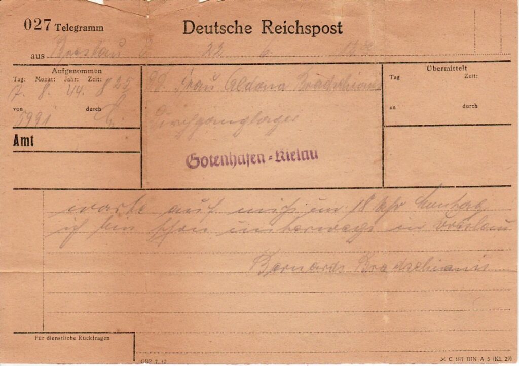 Telegrama žmonai A. Brazdžionienei iš Breslau į Gotenšafeną 1944 m. rugpjūčio 7 d.