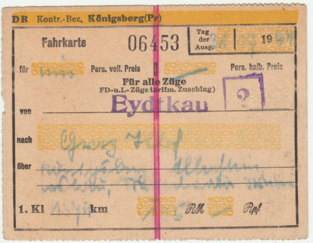 Traukinio bilietas iš Eitkūnų (Eidtkau) į Gracą (Graz). 1944 m. liepos 31 d.