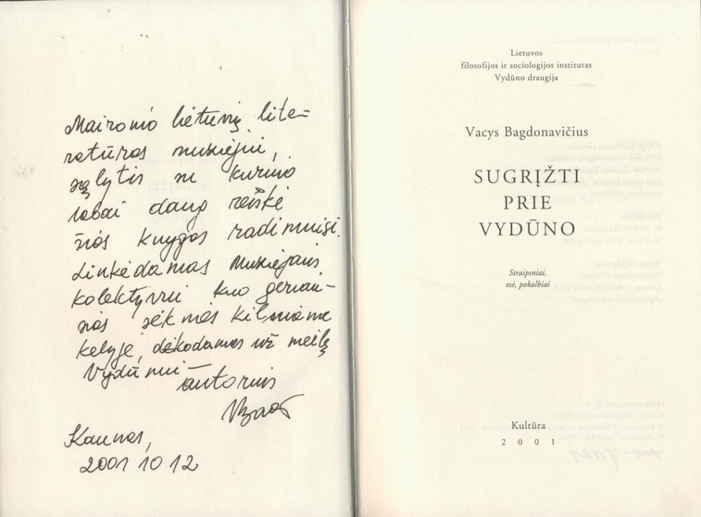 V. Bagdonavičiaus autografas Maironio lietuvių literatūros muziejui