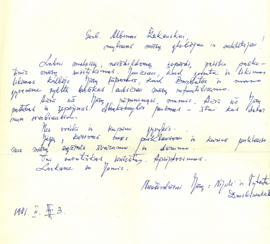 V. Bložės laiškas A. Žukauskui. Druskininkai, 1981 02 03