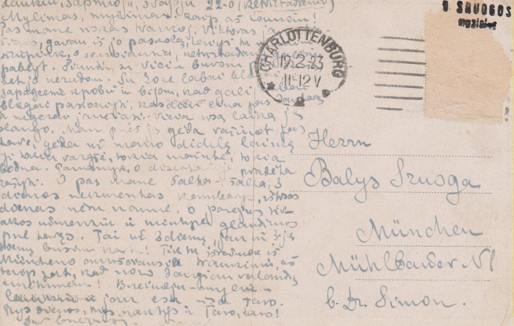 V. Daugirdaitės laiškas B. Sruogai į Miuncheną. Berlynas, 1923 m.