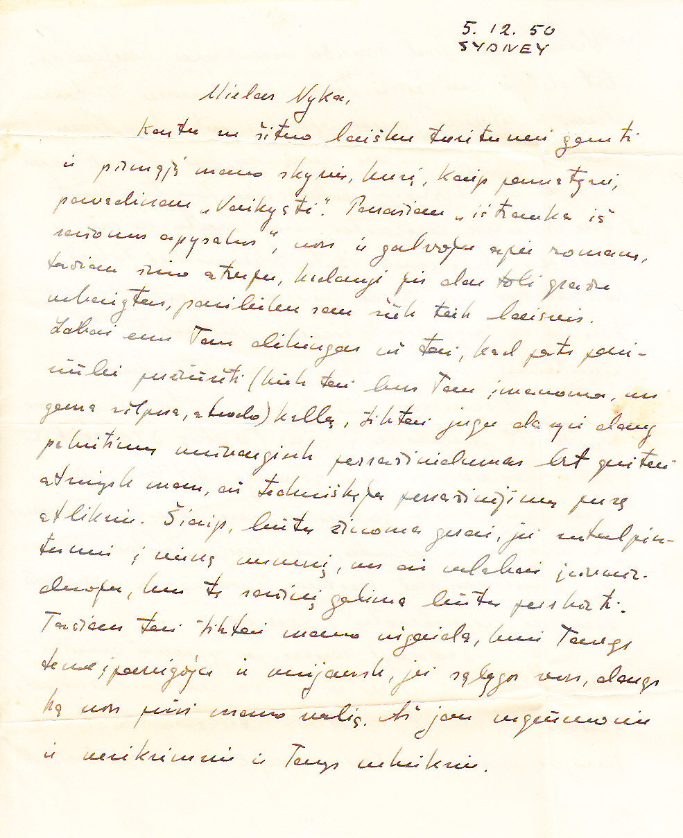 V. Janavičiaus laiškas A. Nykai-Niliūnui. MLLM 133452 ER