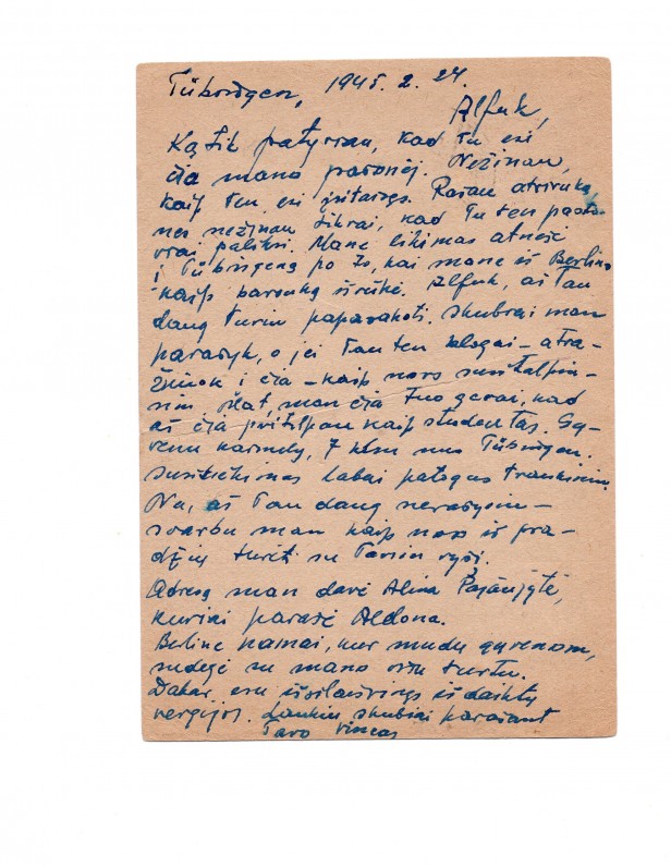 V. Kazoko laiškas A. Nykai-Niliūnui. Tiubingenas. 1945 m.