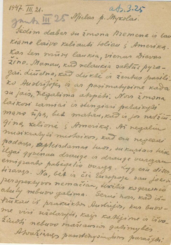 V. Krėvės atvirlaiškis M. Biržiškai. 1947 m. rugpjūčio 24 d., 2
