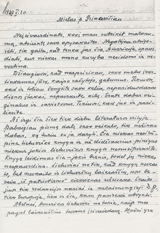 V. Krėvės laiškas Č. Grincevičiui. 1947_10_20