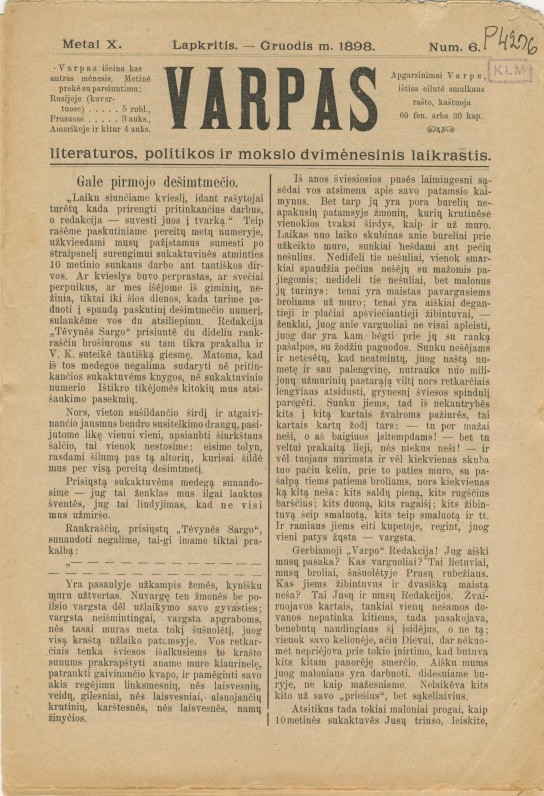 V. Kudirkos redaguotas „Varpas“. 1898 m. Nr. 6