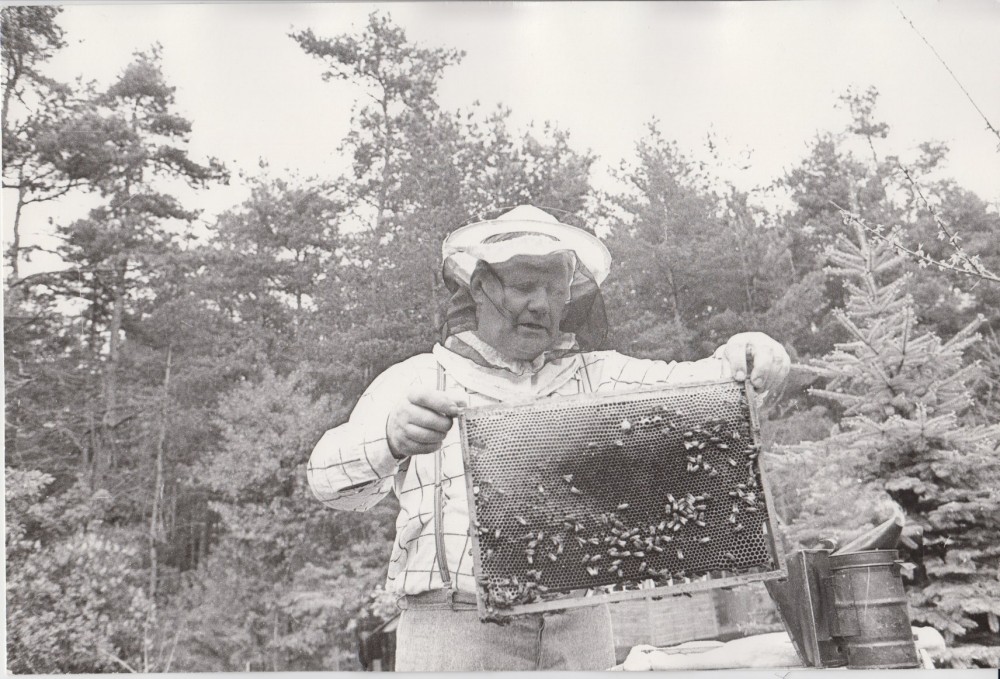 V. Petkevičius Birštone, savo vasarnamyje su koriu, 1987 m. R. Rakausko nuotrauka