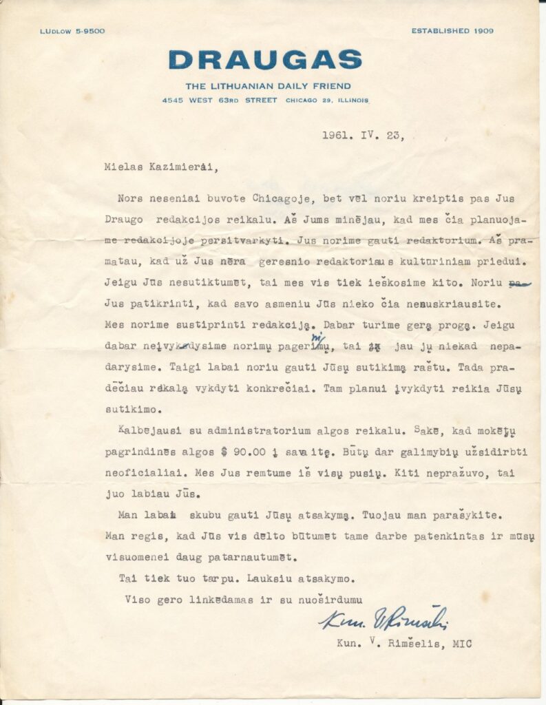 V. Rimšelio laiškas-kvietimas K. Bradūnui redaguoti dienraščio „Draugas“ kultūros ir meno priedą