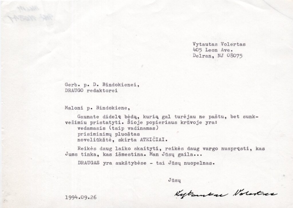 V. Volerto laiškas dienraščio „Draugas“ redaktorei D. Bindokienei. Niujorkas, 1994 m. rugsėjo 26 d.