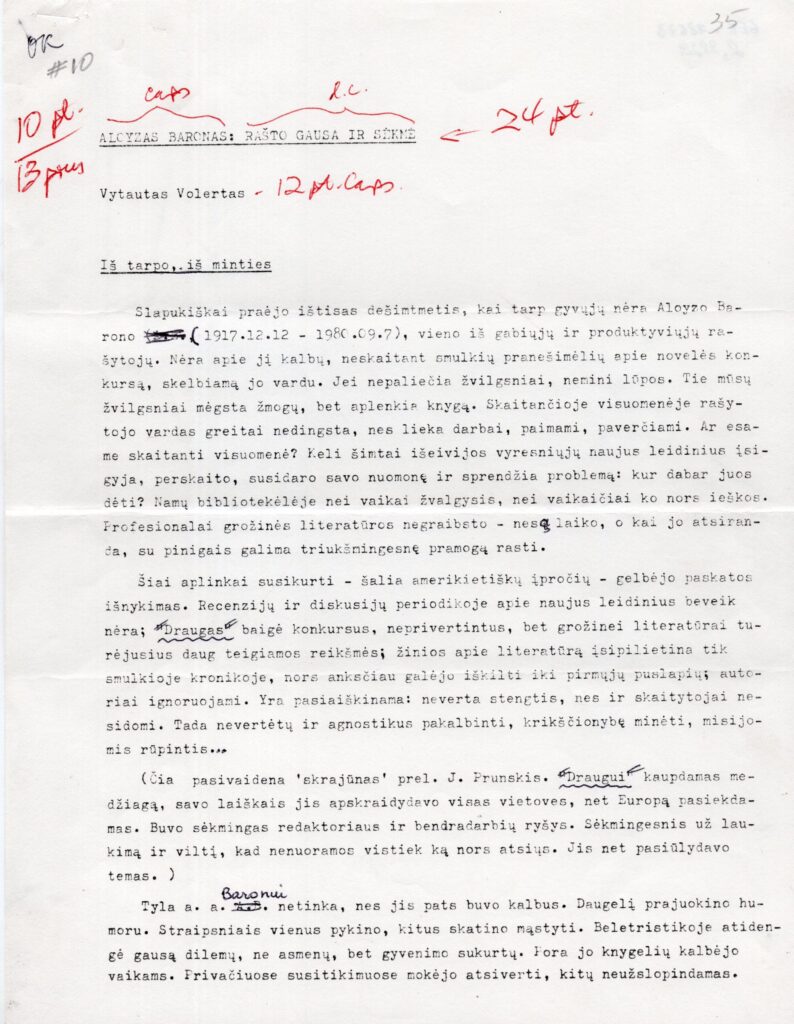 V. Volerto straipsnio „Aloyzas Baronas rašto gausa ir sėkmė“ mašinraščio fragmentas. JAV, apie 1990 m.
