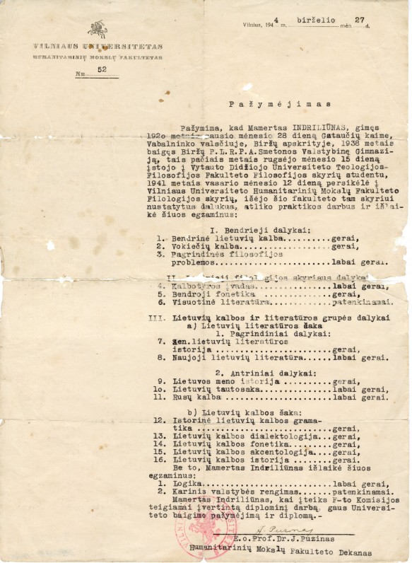 Vilniaus universiteto Humanitarinių mokslų fakulteto pažymėjimas nr.52, išduotas M. Indriliūnui. Vilnius, 1944 m. birželio 27 d.