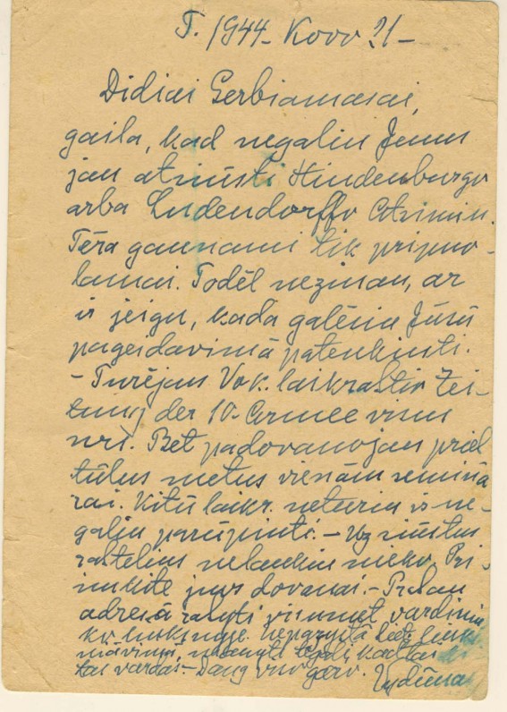 Vydūno atvirlaiškis J. Augoniui. 1944 m.