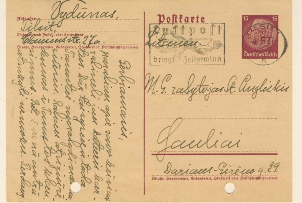 Vydūno atvirlaiškis S. Anglickiui. 1937 m.