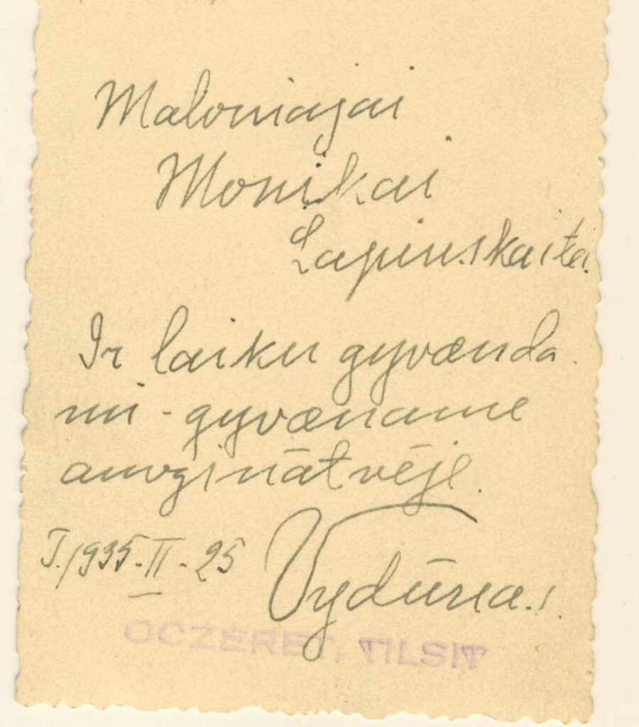 Vydūno autografas dail. M. Lapinskaitei. 1935 m.